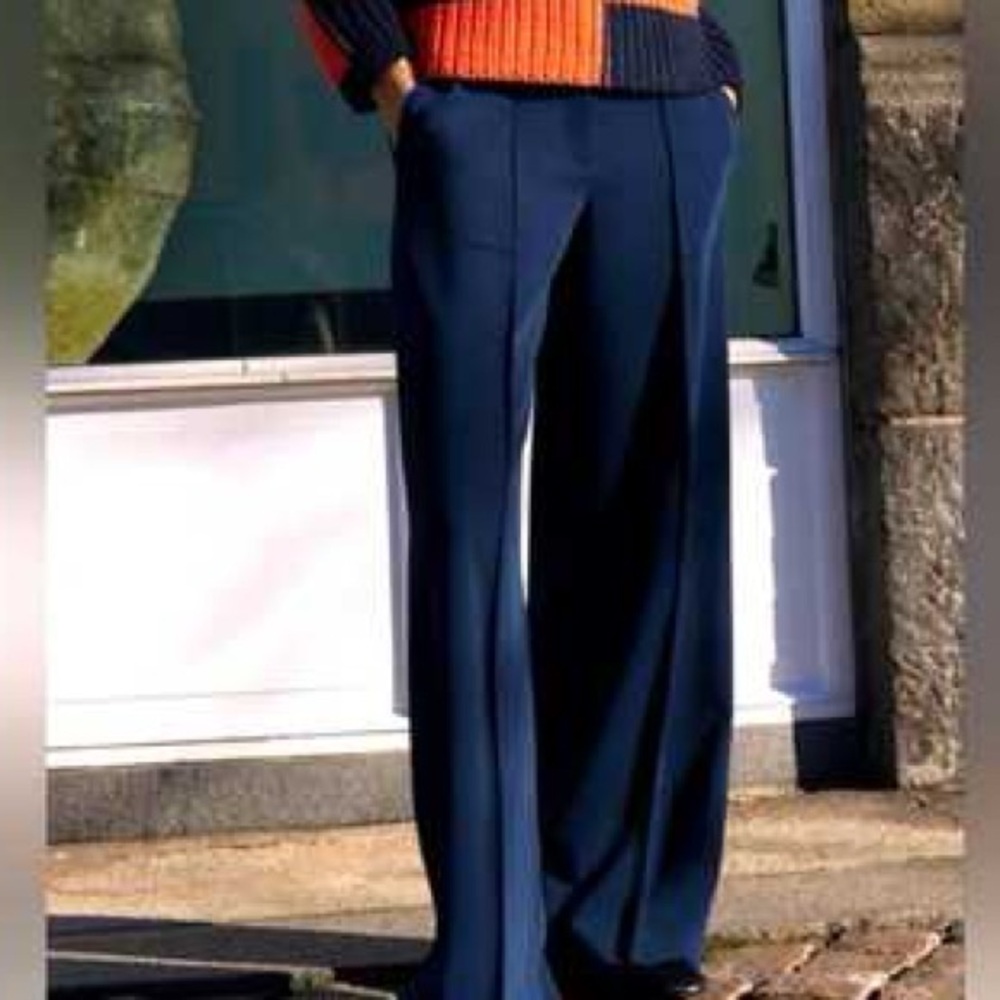 Zara Navy Blue Darted Pleated High Rise Wide-Leg Pants - Picture 2 of 10